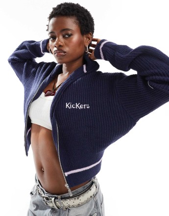 Kickers zip through cropped knit jumper with embroidered logo