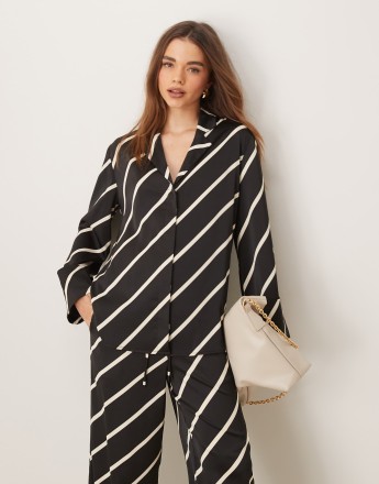 Pretty Lavish relaxed shirt stripe co-ord in black and cream