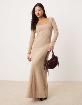Vila Petite long sleeve square neck knitted maxi dress in camel
