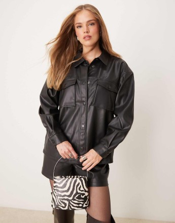 JDY faux leather shirt co-ord in black