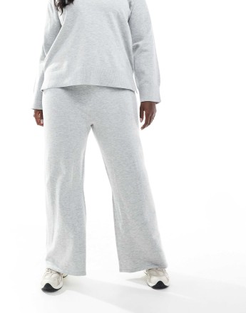 New Look Curve co-ord wide leg knitted trousers in light grey