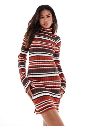 Kickers roll neck fitted knit jumper dress in retro pink brown stripe