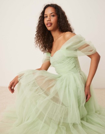 Lace & Beads off shoulder high low tulle maxi dress in sage