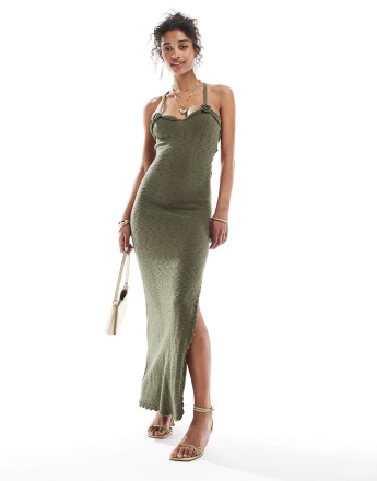 Bershka flower applique knitted maxi dress in khaki