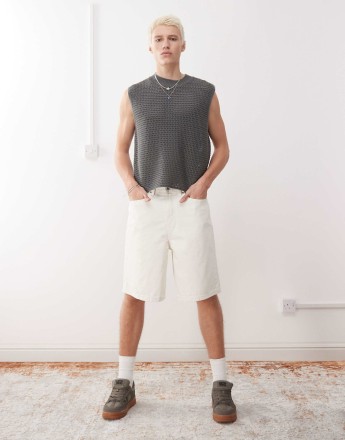 Vans check-5 baggy denim shorts in off white