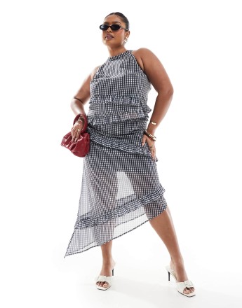 Renee Studio exclusive asymmetric ruffle trim midi skirt co-ord in grey check