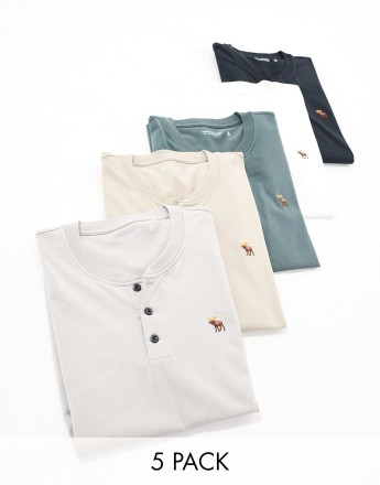 Abercrombie & Fitch 5 pack icon logo henley t-shirt in black/greys/taupe/white