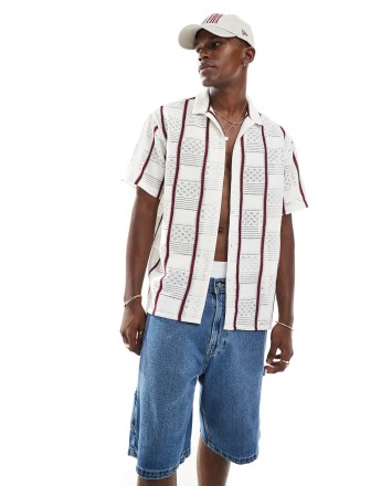 Jack & Jones crochet shirt with burgundy piping in cream