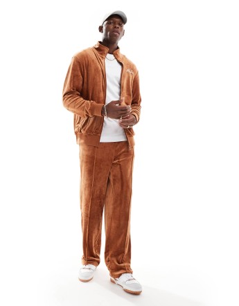 New Era velour straight leg joggers co-ord with script logo in rust