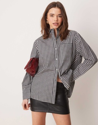 OMNES Tie back button placket shirt in Gingham mono