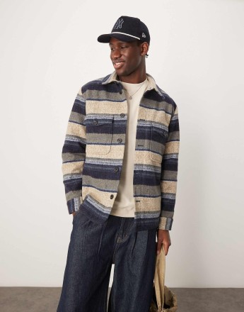 Selected Homme Overshirt Shacket in cream navy stripe with pockets