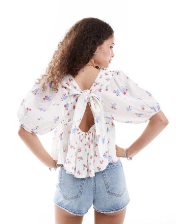 Free People floral print blouse with puff sleeve in ivory