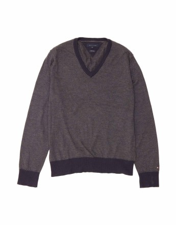 Vintage Tommy Hilfiger V-neck Jumper Sweater XL In Blue Striped Merino Wool