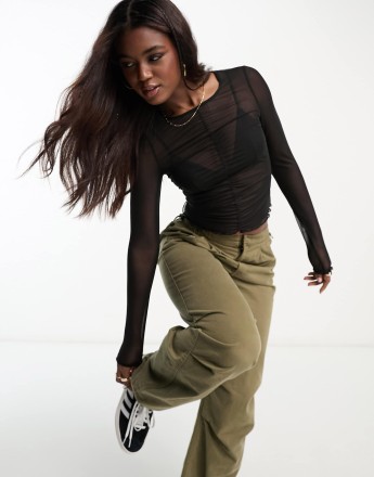 Monki gathered front mesh top in black