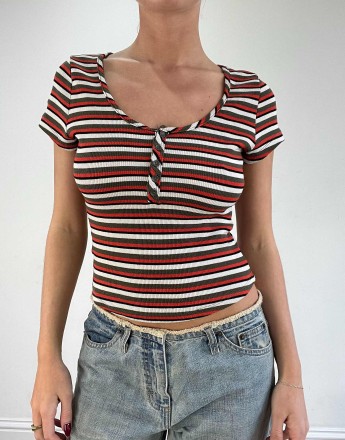 Vintage striped t-shirt with button up detail in red