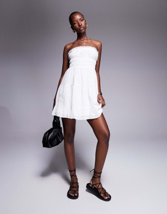 The Frolic exclusive tiered bandeau broderie mini dress in white