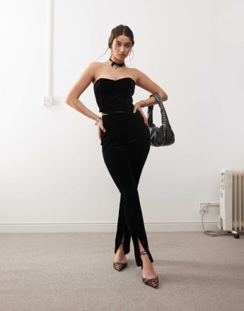 Miss Selfridge velvet tailored split front trouser in black