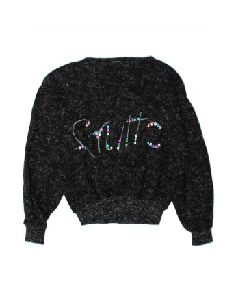 Vintage Graphic Boat Neck Jumper Sweater UK 16 Large In Black