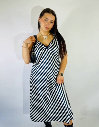 Vintage Size L Satin Stripe Midi Slip Dress in Multi