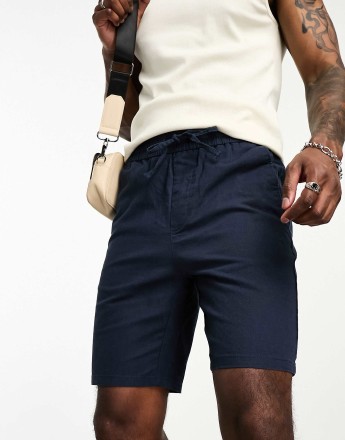 ONLY & SONS linen mix tie waist shorts in navy