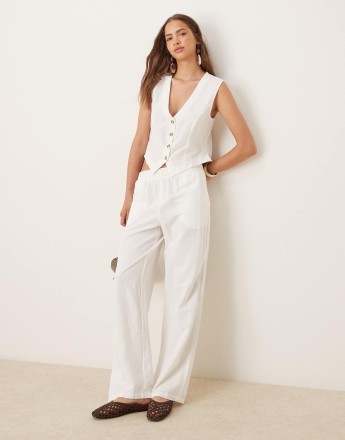 Vila linen touch tailored wide leg trouser co-ord in white