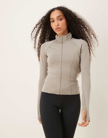 Gina Tricot Soft Touch sports seamless zip up jacket in olive grey