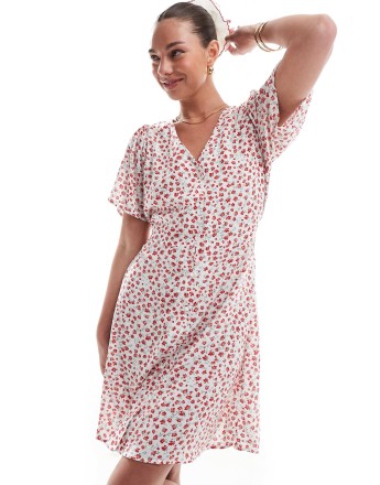 ONLY v neck tie waist mini dress in red ditsy print