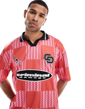 Criminal Damage Chequerboard football shirt in rose/red