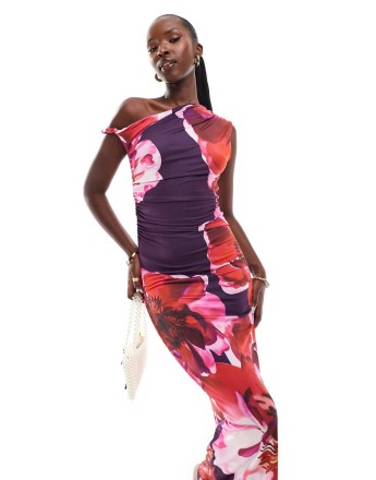 Kaiia exclusive double layered slinky twist off shoulder maxi dress in purple flower print