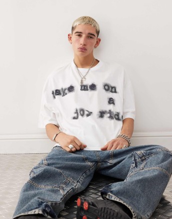 COLLUSION boxy crop t-shirt in ecru with joyride print