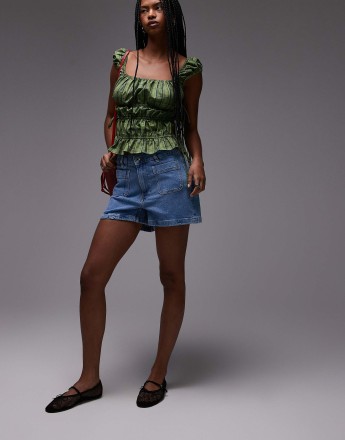 Mango pocket front slim denim shorts in light blue