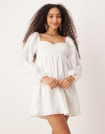 Gina Tricot long sleeve lower floral print button down mini dress in white