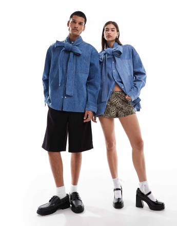 Sister Jane Unisex oversized bow blouse in blue denim