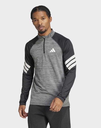 adidas performance Icon 3-stripes 1/4-zip tee in black melange / white