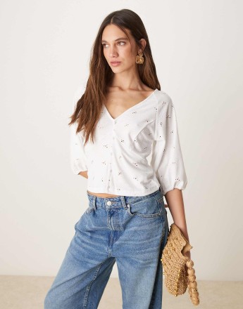 Vila half sleeve button front broderie top in white