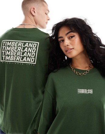 Timberland oversized  t-shirt with repeat logo in dark green - Exclusive to Asos