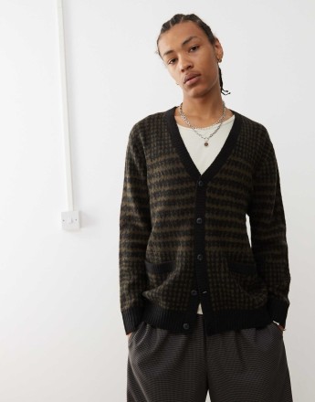 Vans houndstooth knitted cardigan in black and brown