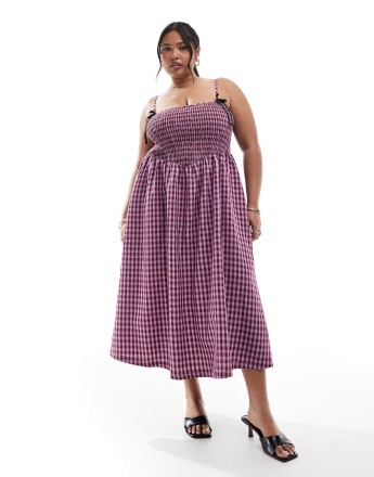 Renee Studio Plus exclusive shirred bow strap detail midi dress in purple and red gingham