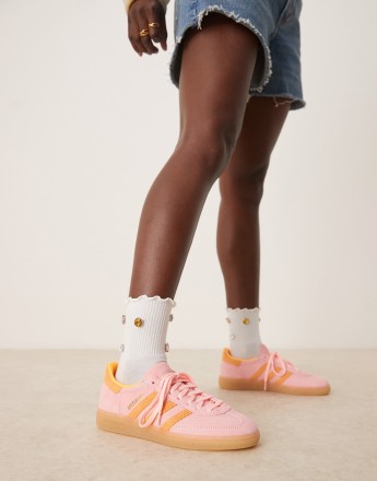 adidas Originals Handball Spezial trainers in pink and orange with gum sole
