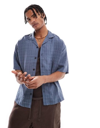 Pull&Bear seersucker checked shirt in blue