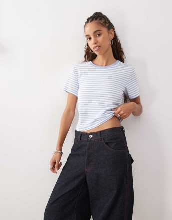 Monki shrunken tee in blue and white stripe