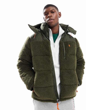 Polo Ralph Lauren icon logo detatchable hood sherpa borg puffer jacket in olive green