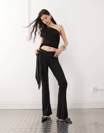 Lioness double layered slinky low rise drape tie side flared trousers co-ord in black