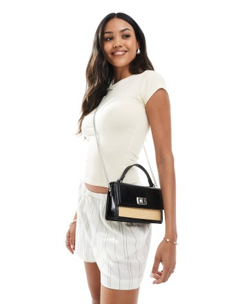 Stradivarius contrast stitching crossbody bag in neutral and black
