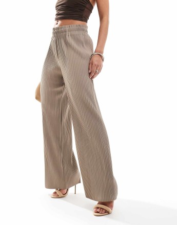 YAS high waisted wide leg plisse trousers in beige - BEIGE
