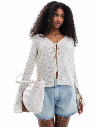 Brave Soul tie front ditsy print blouse in off white