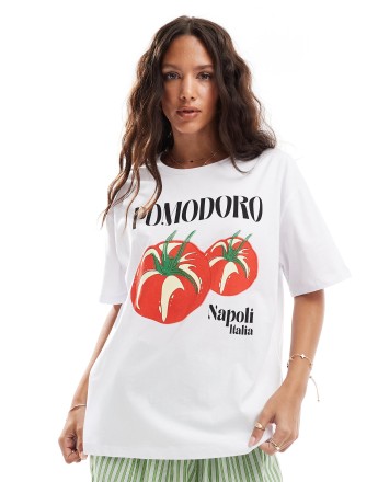 Pieces oversized t-shirt with Pomodoro graphic in white