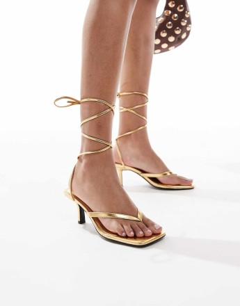 4th & Reckless strappy mid heeled thong sandals in metallic gold