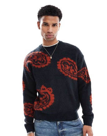 ONLY & SONS brushed knitted jumper with paisley print in navy