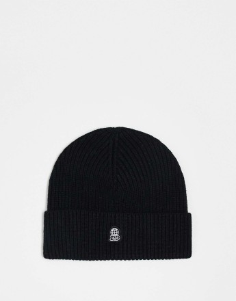 Dr Denim unisex ribbed wool blend beanie with DD global embroidery in black